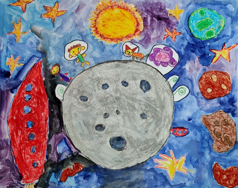 Детский рисунок - Люди на луне