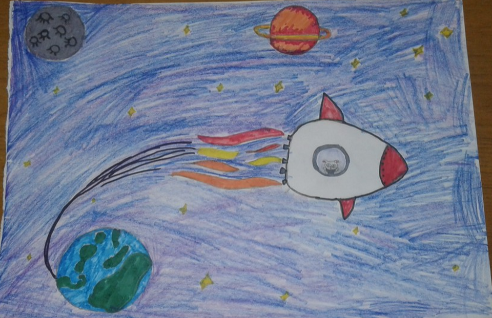 Детский рисунок - Собака Белка в космосе