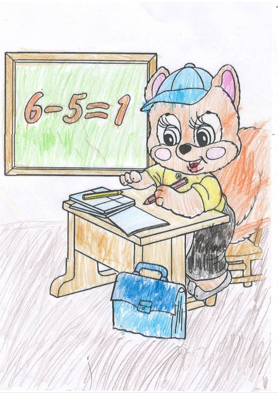 Детский рисунок - Бельчонок учится считать