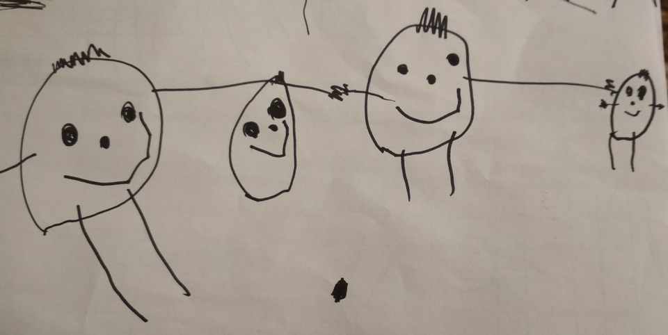 Детский рисунок - папа мама я и будущая сестренка