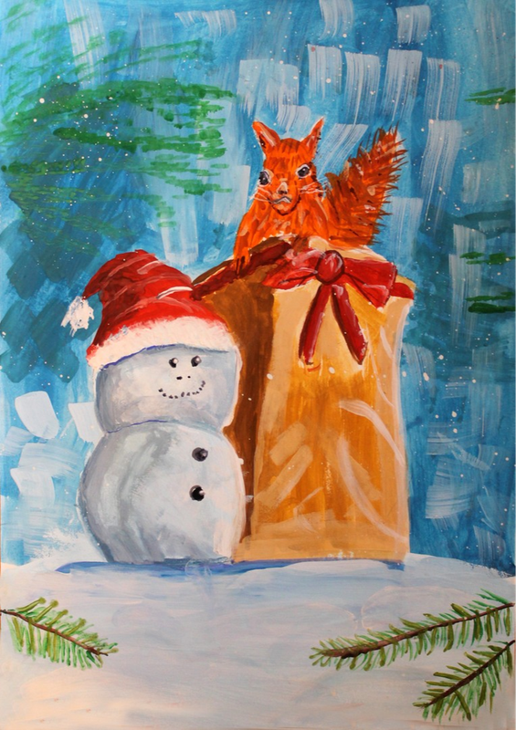 Детский рисунок - Новогодняя белочка и снеговик