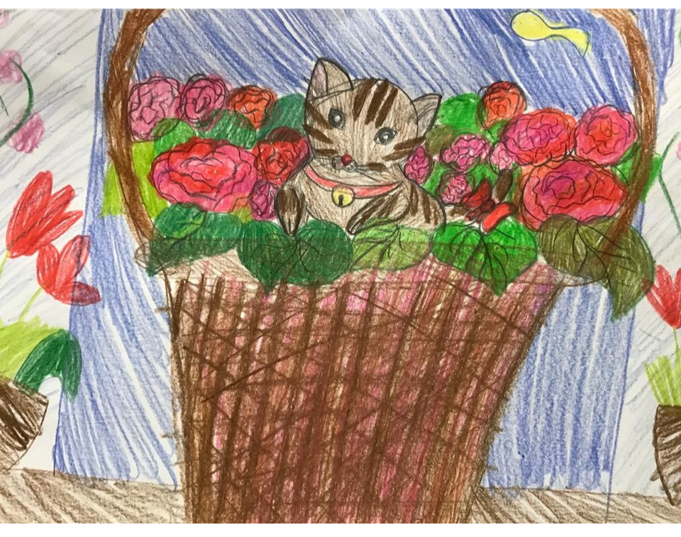 Детский рисунок - Доставка котика в цветах