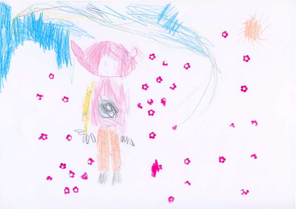 Детский рисунок - Свинка Няша и радуга