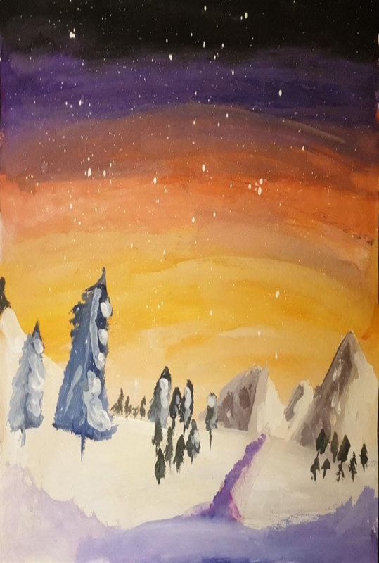 Детский рисунок - закат в дальнем краю - зимний пейзаж