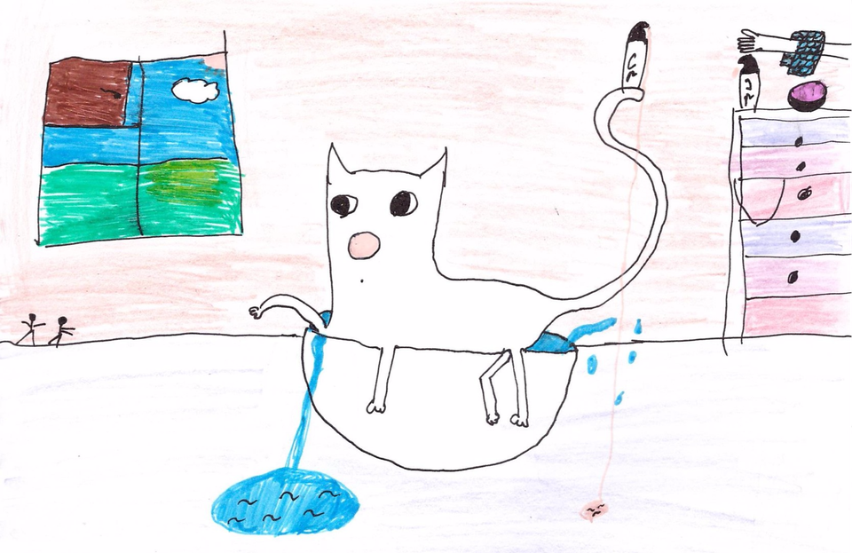 Детский рисунок - Ванна для котика Гирли