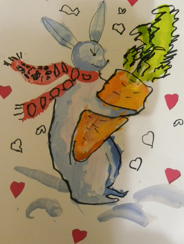 Детский рисунок - Зайчик с морковкой