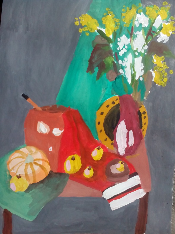 Детский рисунок - Осенний натюрморт с тыквой