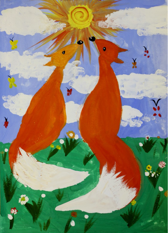 Детский рисунок - Влюблённые лисы