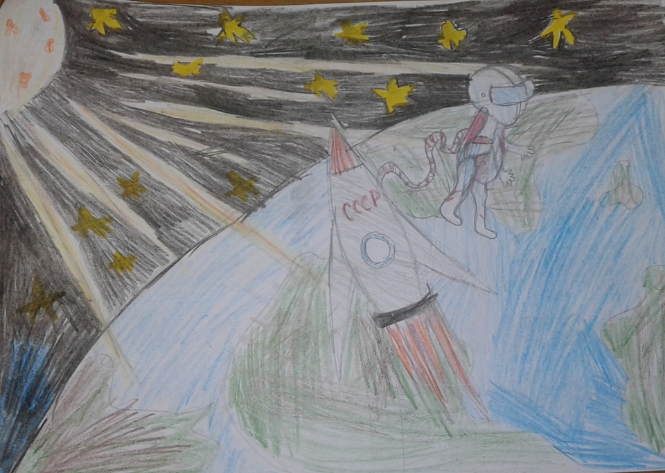 Детский рисунок - Космическая прогулка