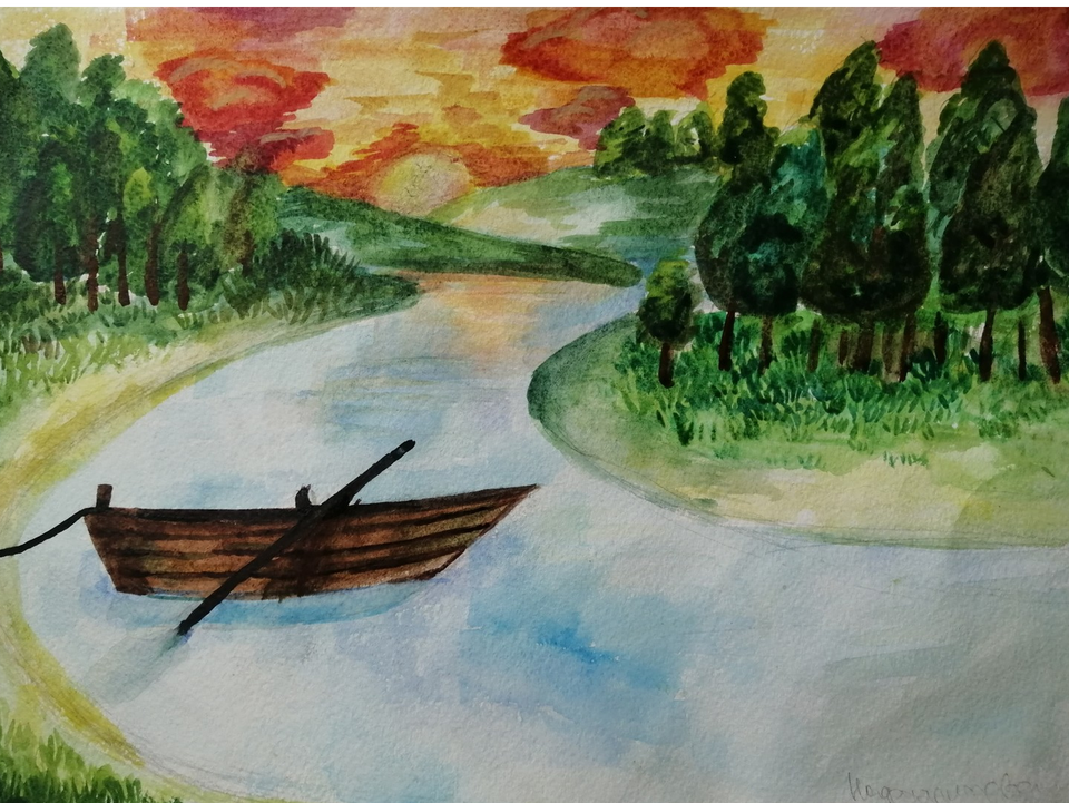 Детский рисунок - Одинокая лодка на закате