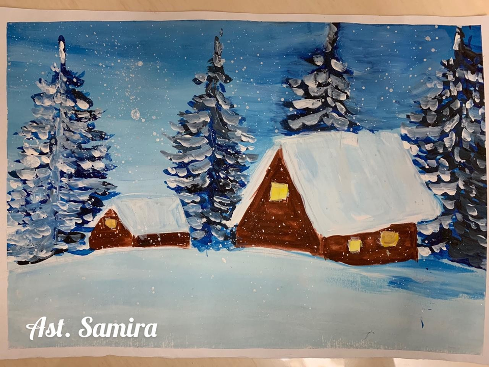 Детский рисунок - домики среди ёлок зимой
