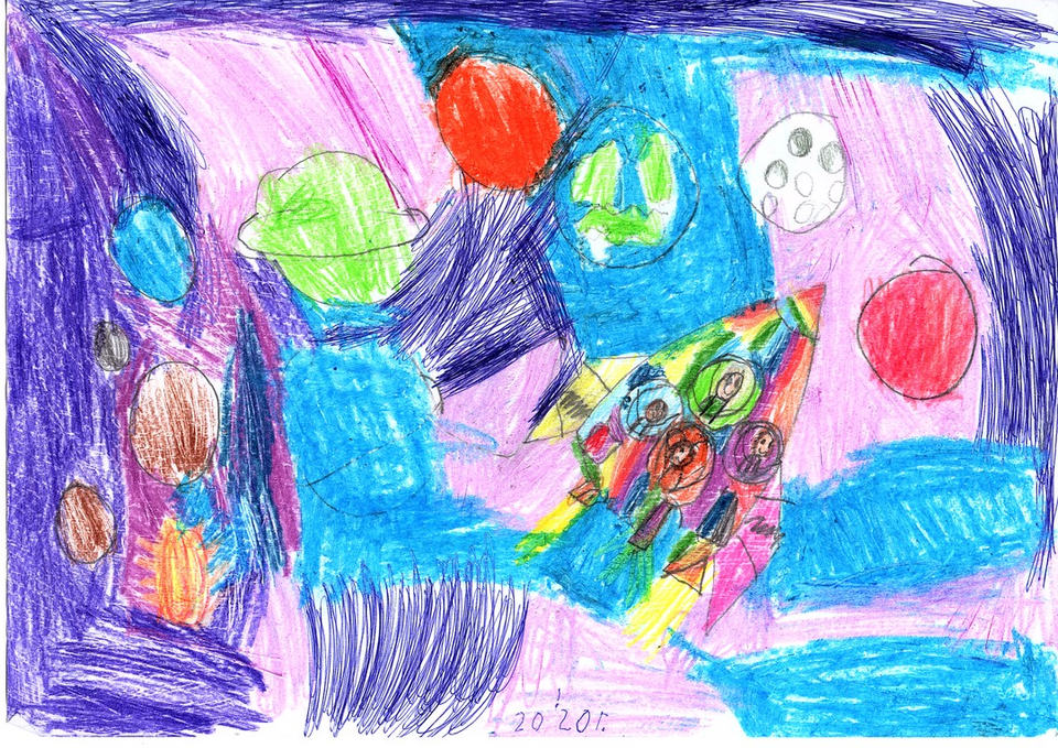 Детский рисунок - На радужной ракете через вселенную
