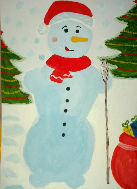 Детский рисунок - Снеговик с мешком подарков