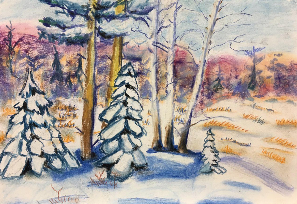 Детский рисунок - Наш лес зимой
