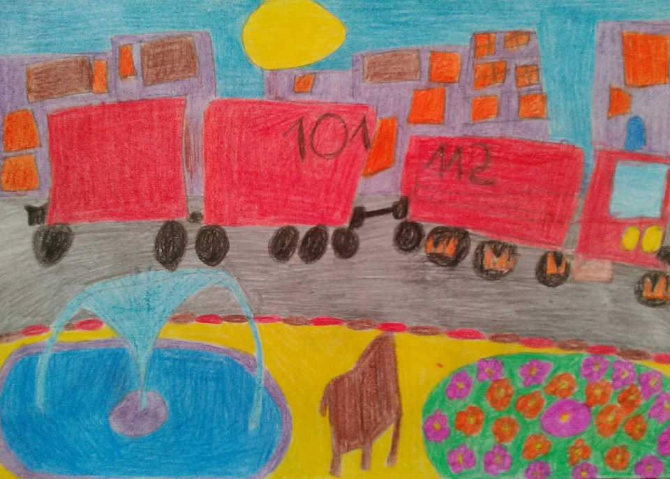 Детский рисунок - Пожарная машина спешит на помощь