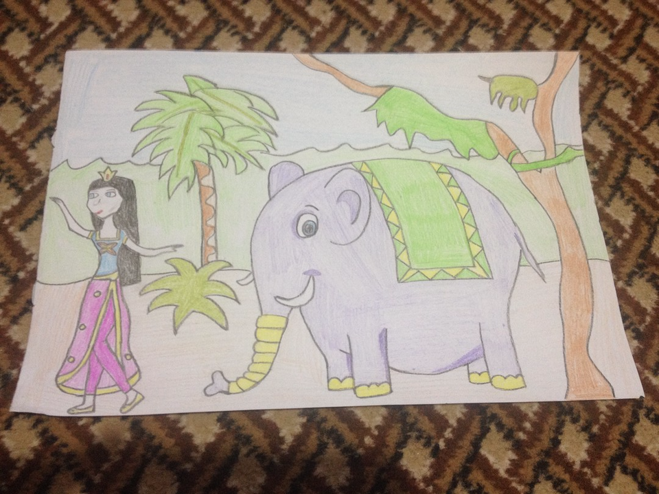 Детский рисунок - Приключение слоненка и принцессы