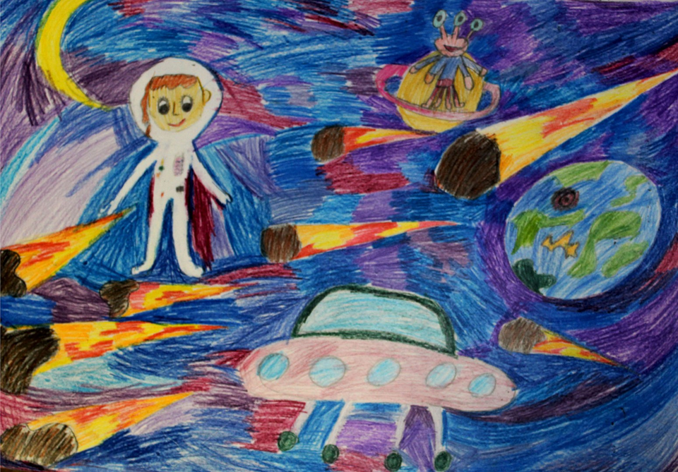Детский рисунок - Арина изучает космос