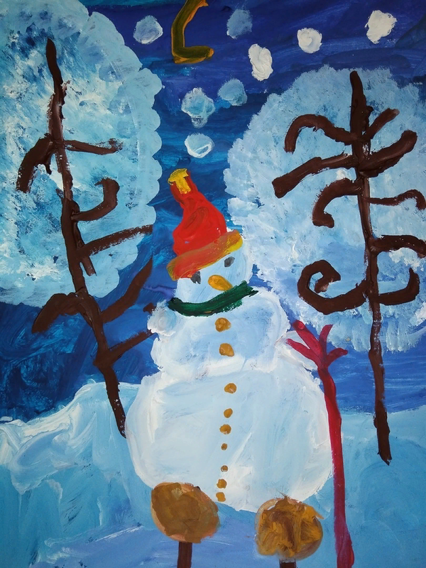 Детский рисунок - Снеговик морозной ночью