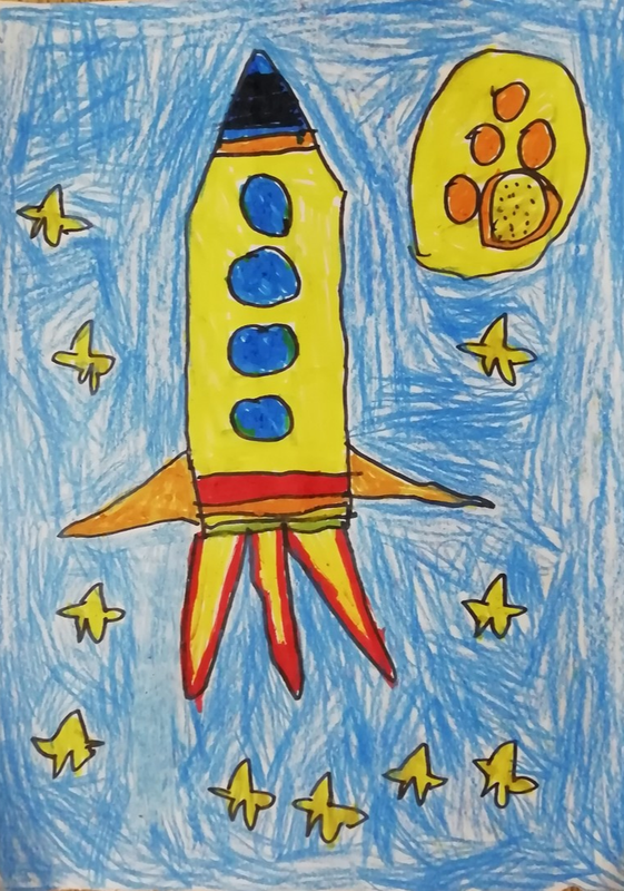 Детский рисунок - Мелки полетели на луну