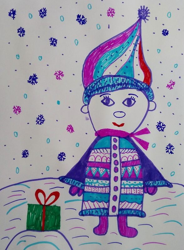 Детский рисунок - Волшебный гномик с подарочком
