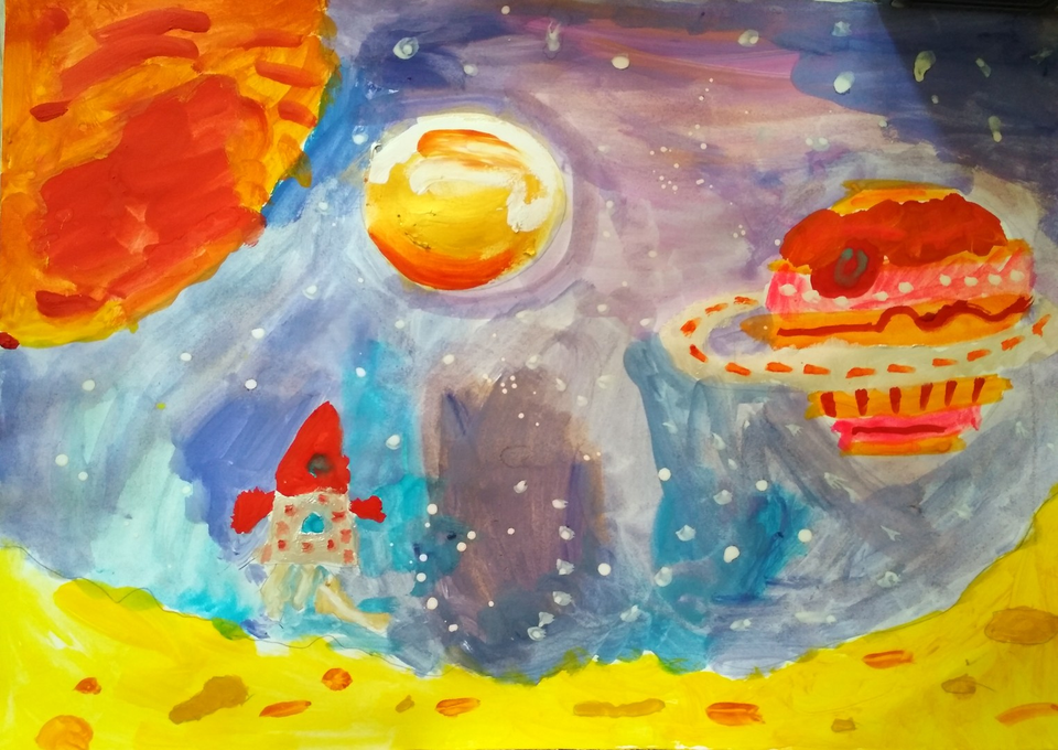 Детский рисунок - Ракета на луне