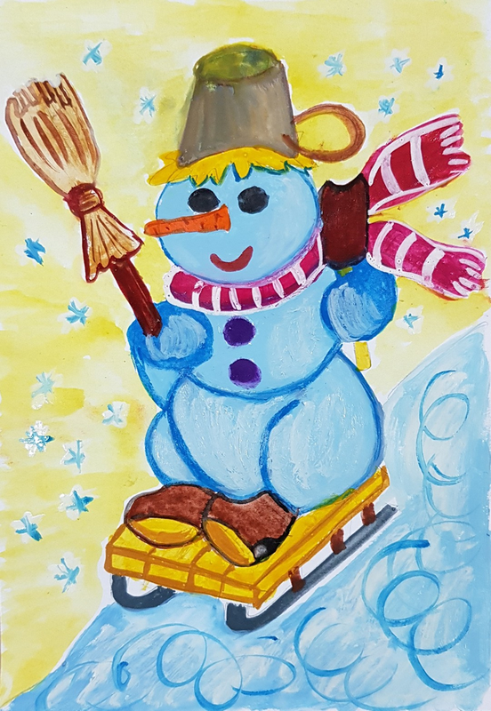 Детский рисунок - Веселый снеговичок