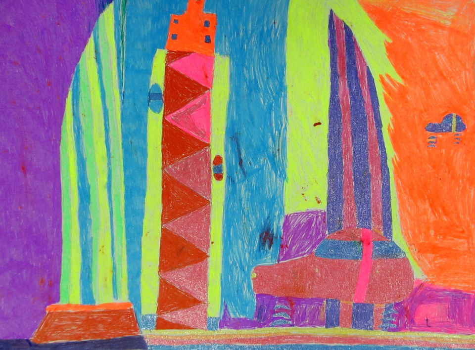 Детский рисунок - Разноцветный город