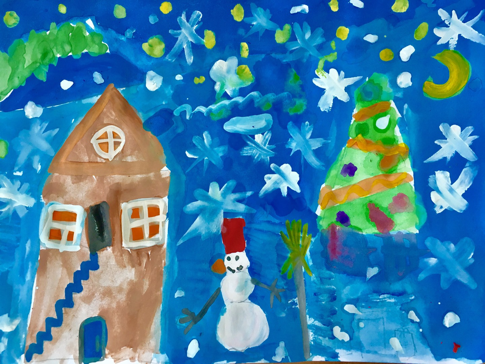 Детский рисунок - Снеговик у моего дома