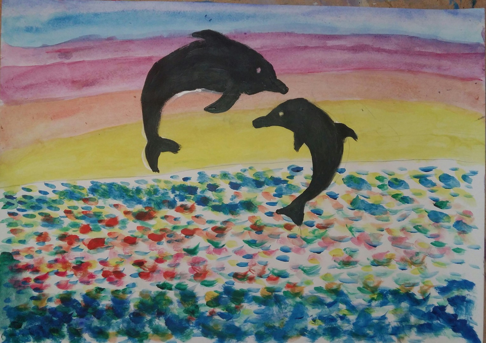 Детский рисунок - Дельфины на закате