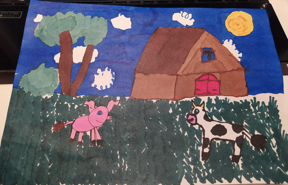 Детский рисунок - Вечер на ферме