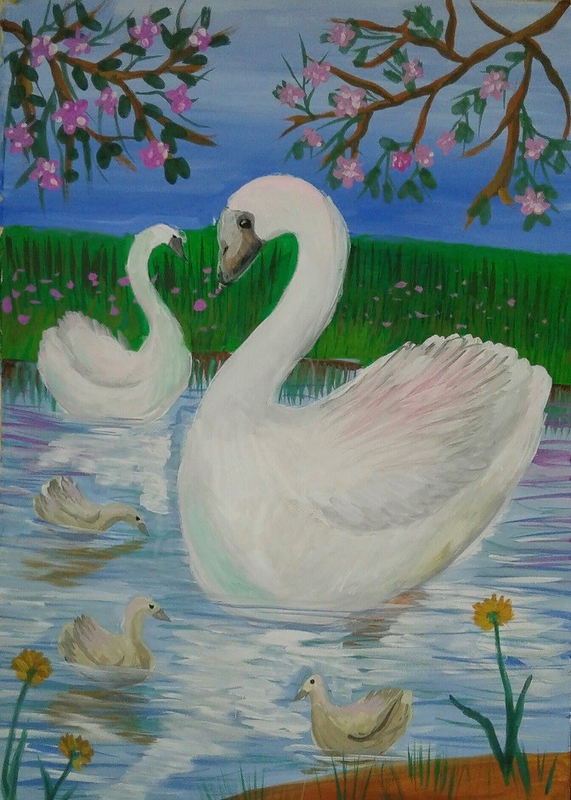 Детский рисунок - Лебеди на пруду