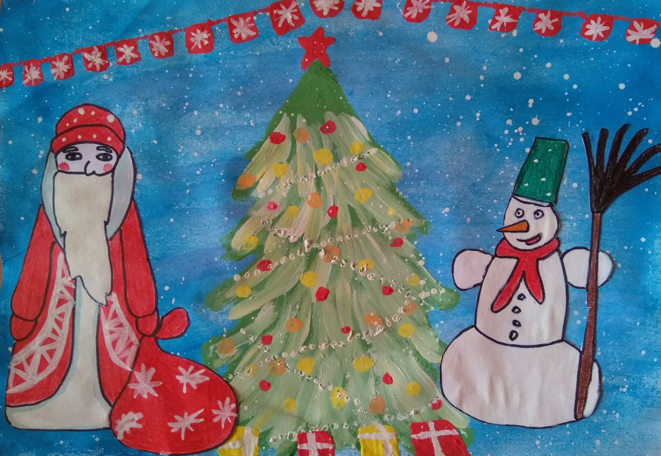 Детский рисунок - Дед мороз и снеговичёк встречают детей для празднования нового 2019 года