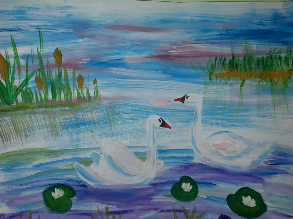 Детский рисунок - Лебеди