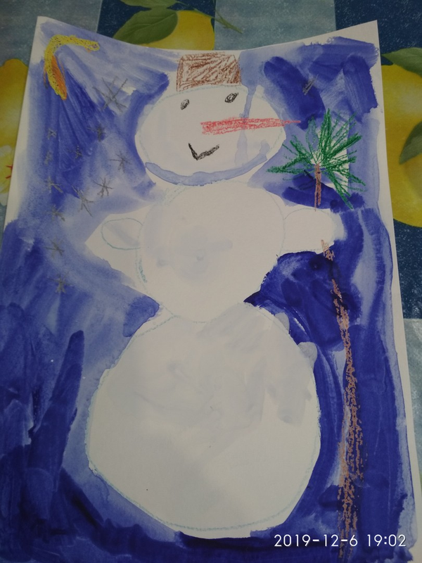 Детский рисунок - Снеговик ждёт деда Мороза