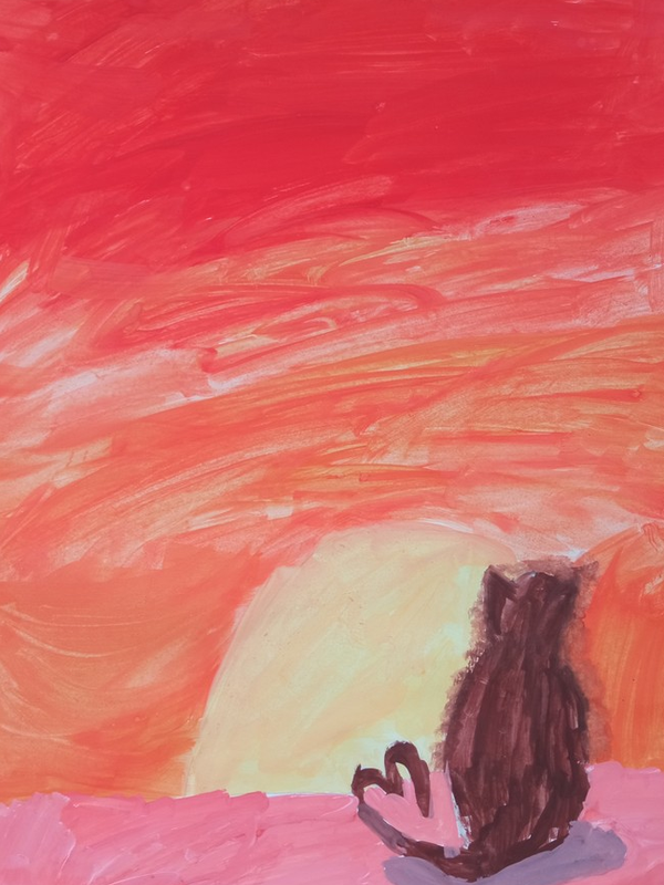 Детский рисунок - Котик на закате