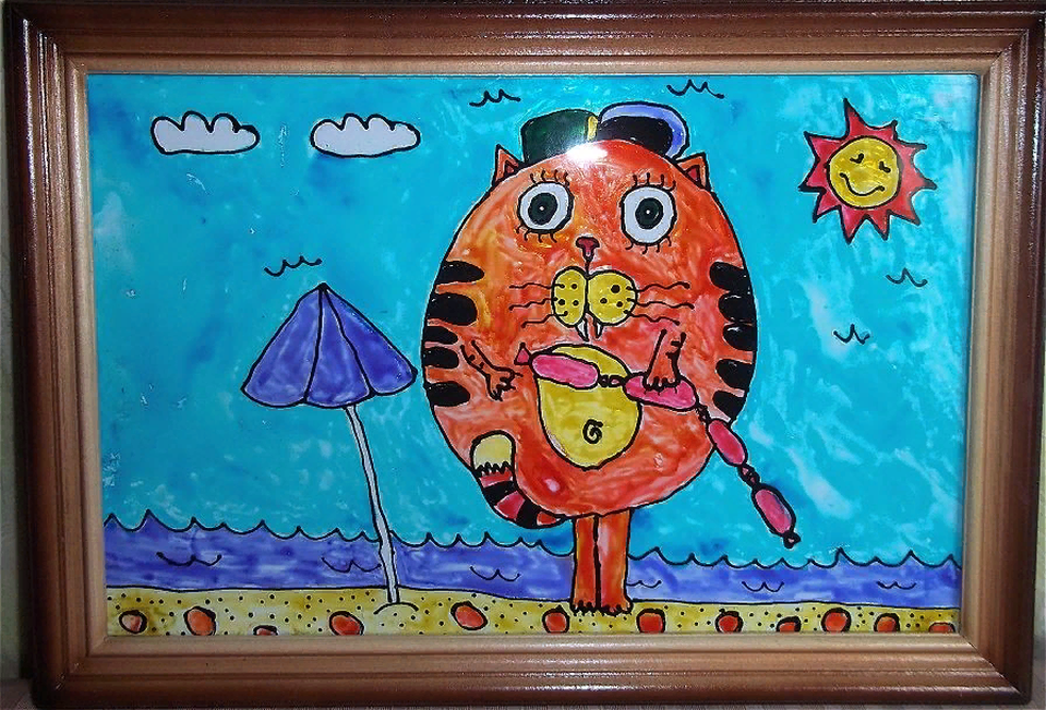 Детский рисунок - Кот на пляже
