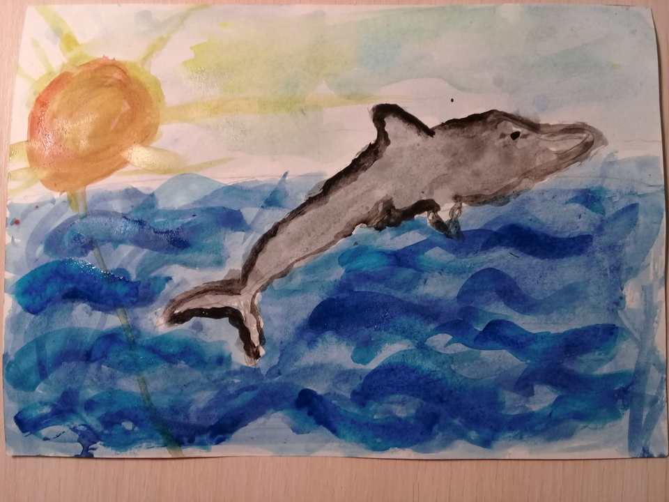 Детский рисунок - Море и дельфин