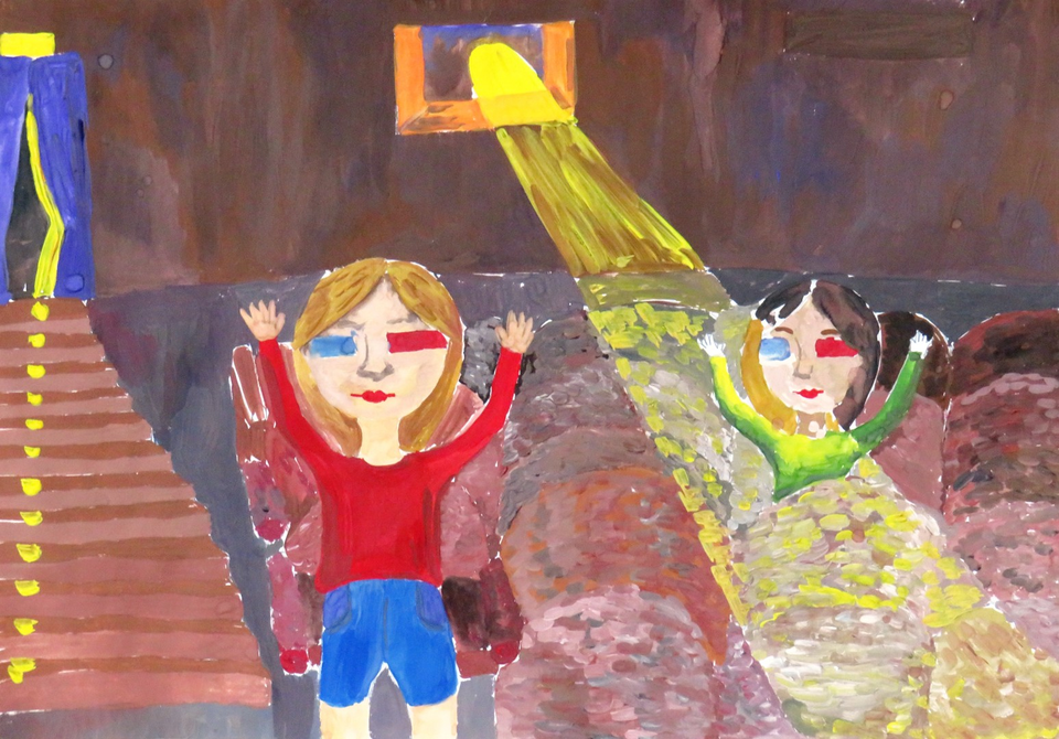 Детский рисунок - В кино с сестрёнкой