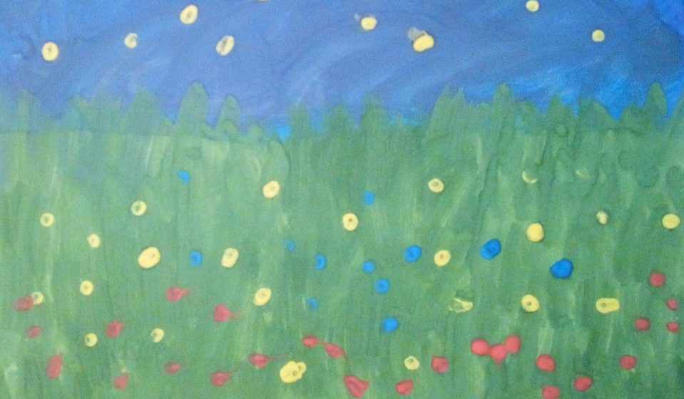 Детский рисунок - Светлячки на цветочной ночной полянке
