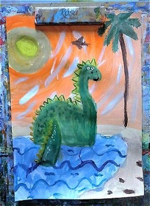 Детский рисунок - Брахиозавр купается в реке