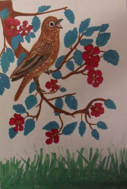 Детский рисунок - Соловей поёт заливается как прекрасен деревьев весенний наряд