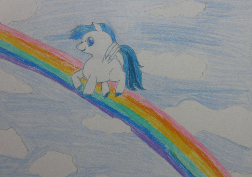 Детский рисунок - Пегасик на радуге