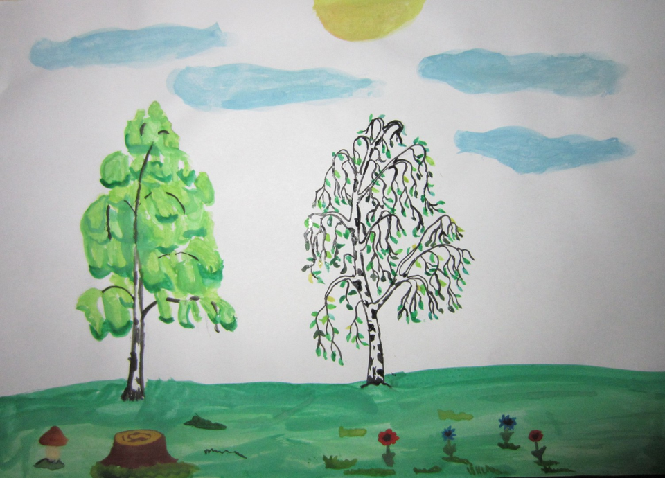 Детский рисунок - Берёза летом и весной