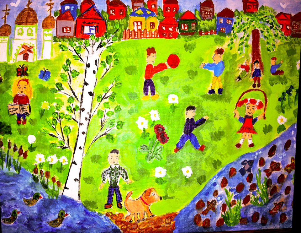 Детский рисунок - Лето в деревне