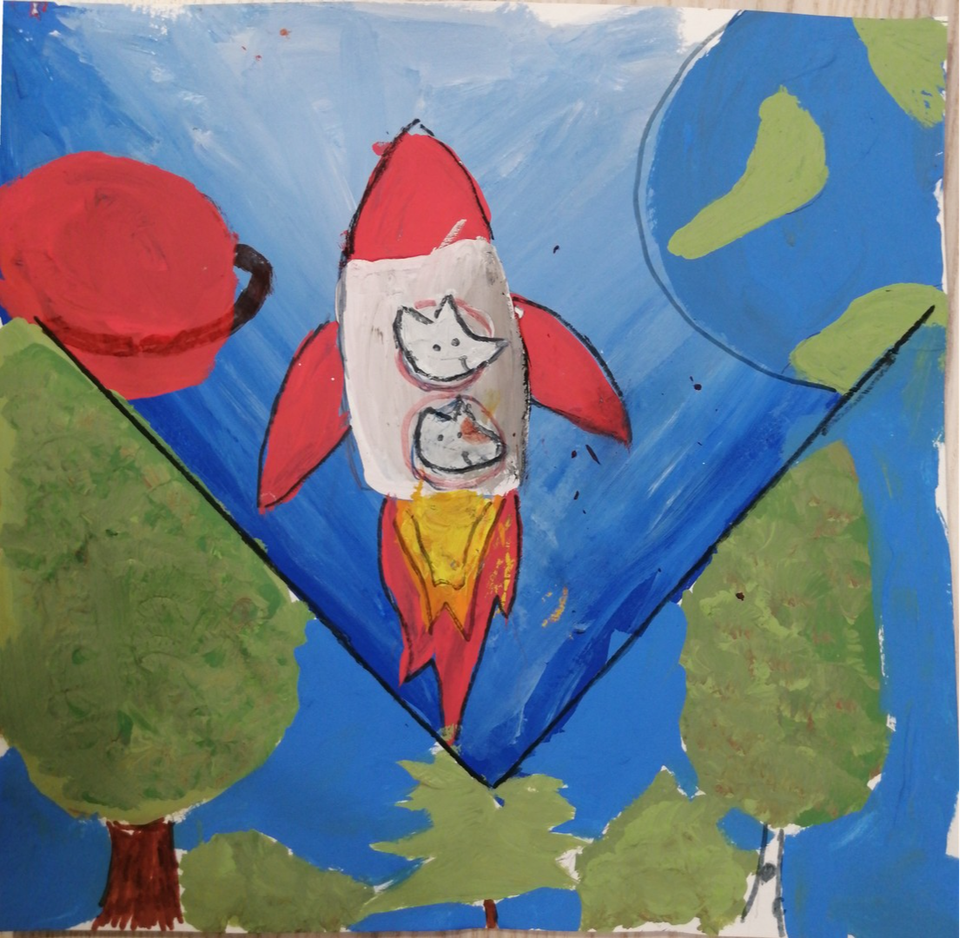 Детский рисунок - Белка и Стрелка в космосе