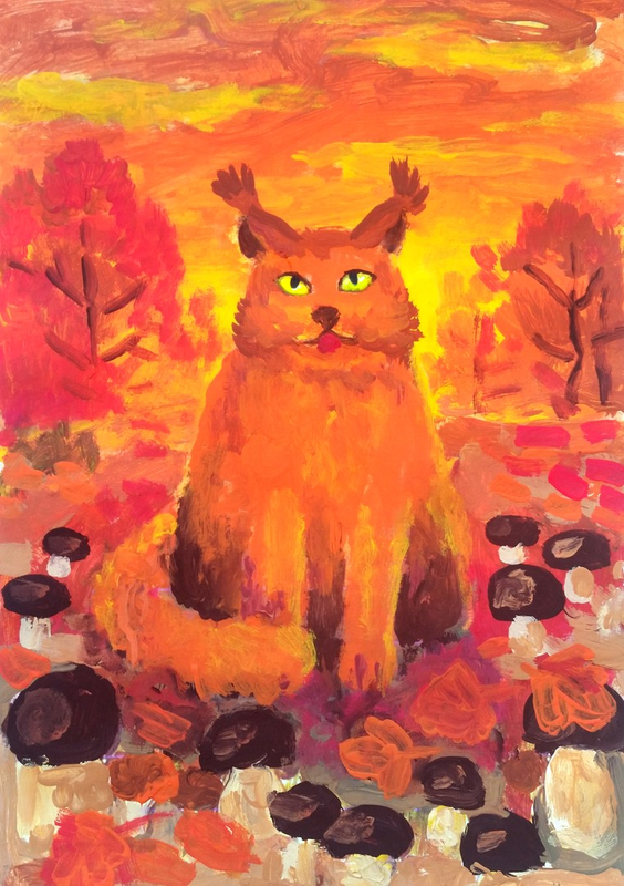 Детский рисунок - Рыжий Кот Мейн-кун на грибной поляне