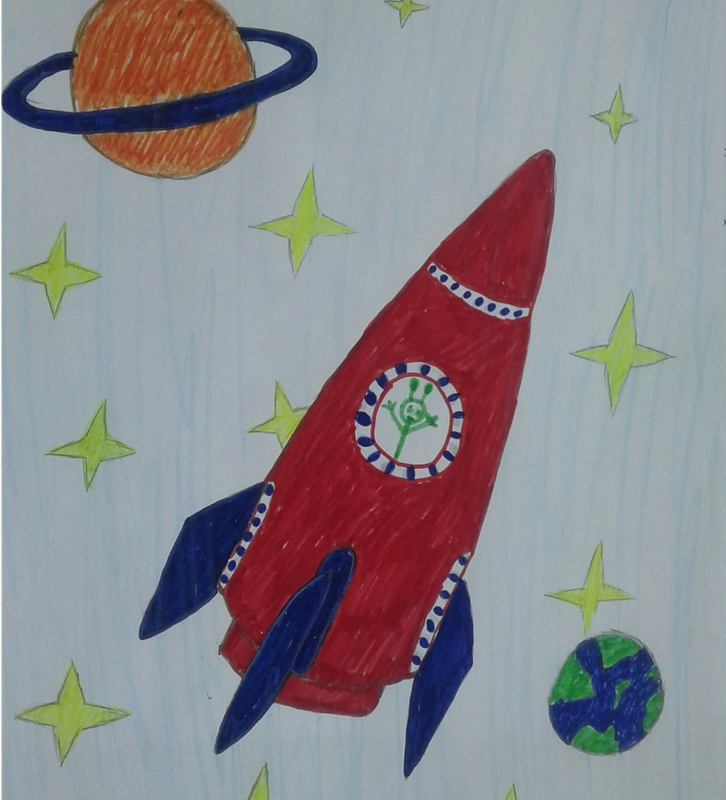 Детский рисунок - Инопланетянин в гостях у космонавтов
