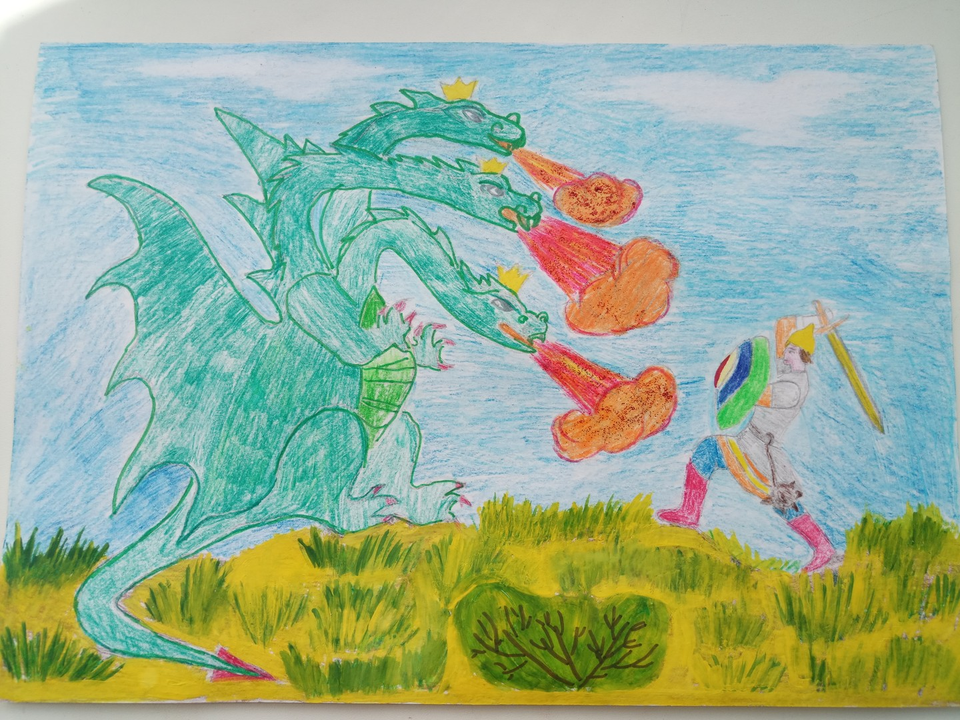Детский рисунок - Добрыня Никитич против Змея Горыныча