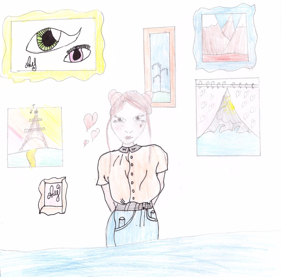 Детский рисунок - Девочка в галерее