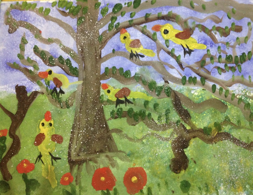 Детский рисунок - Птички в саду